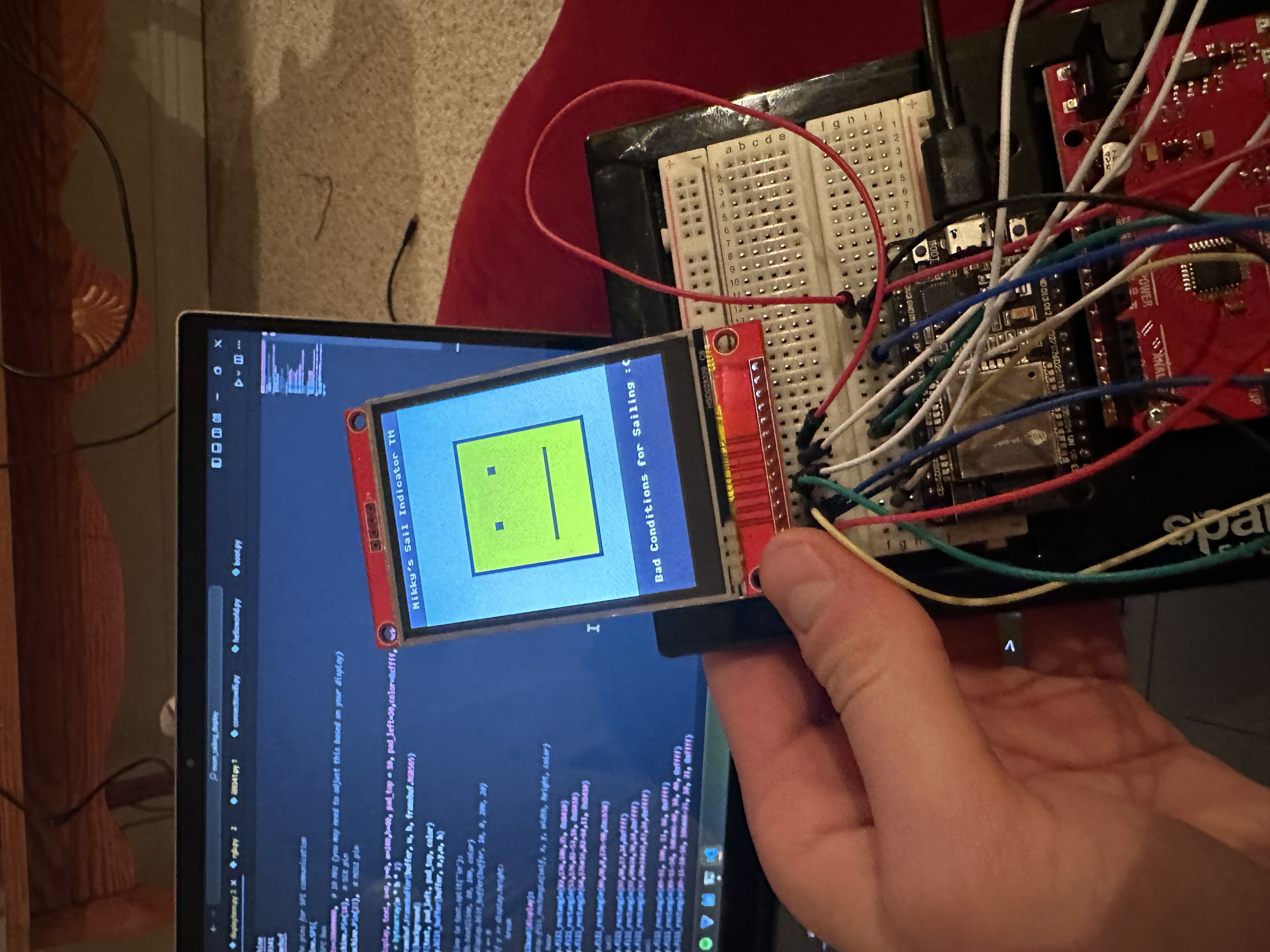 The ESP32 wired to the display
